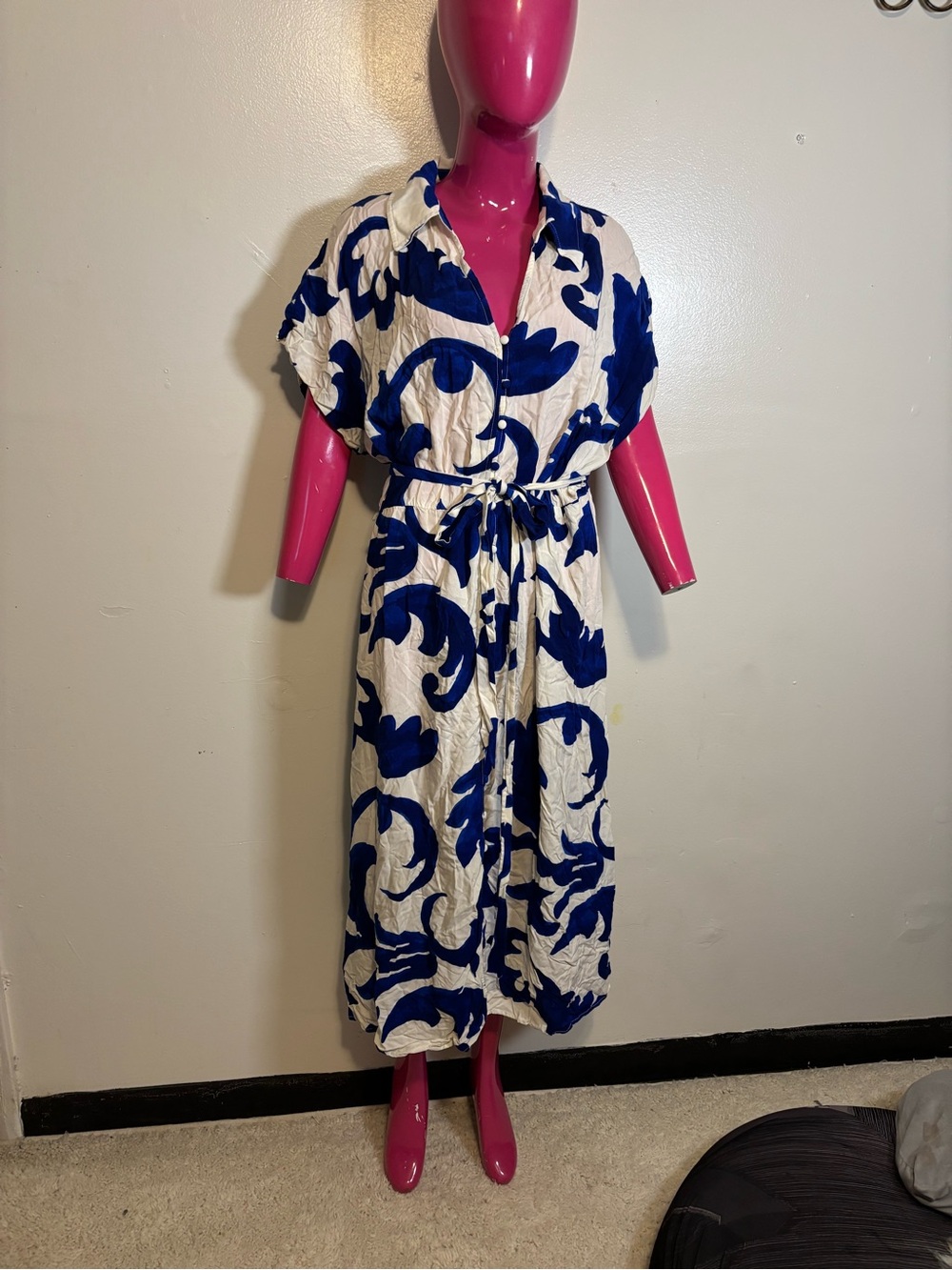 H&M White Dress with Bold Blue Scroll Print and Tie Waist